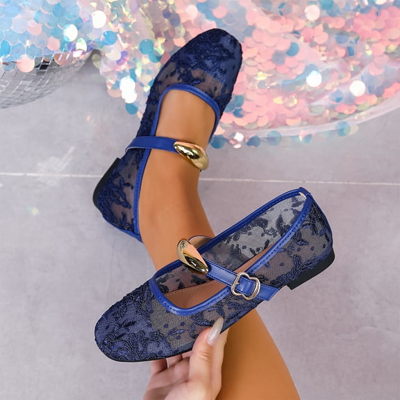 CHWshoes Women's Floral Embroidered Mesh Mary Jane Flats Square Toe Buckle Strap Breathable Ballet Shoes for Dressy Trendy Work Office Wedding Daily Ballerina,Dark Blue Size 41