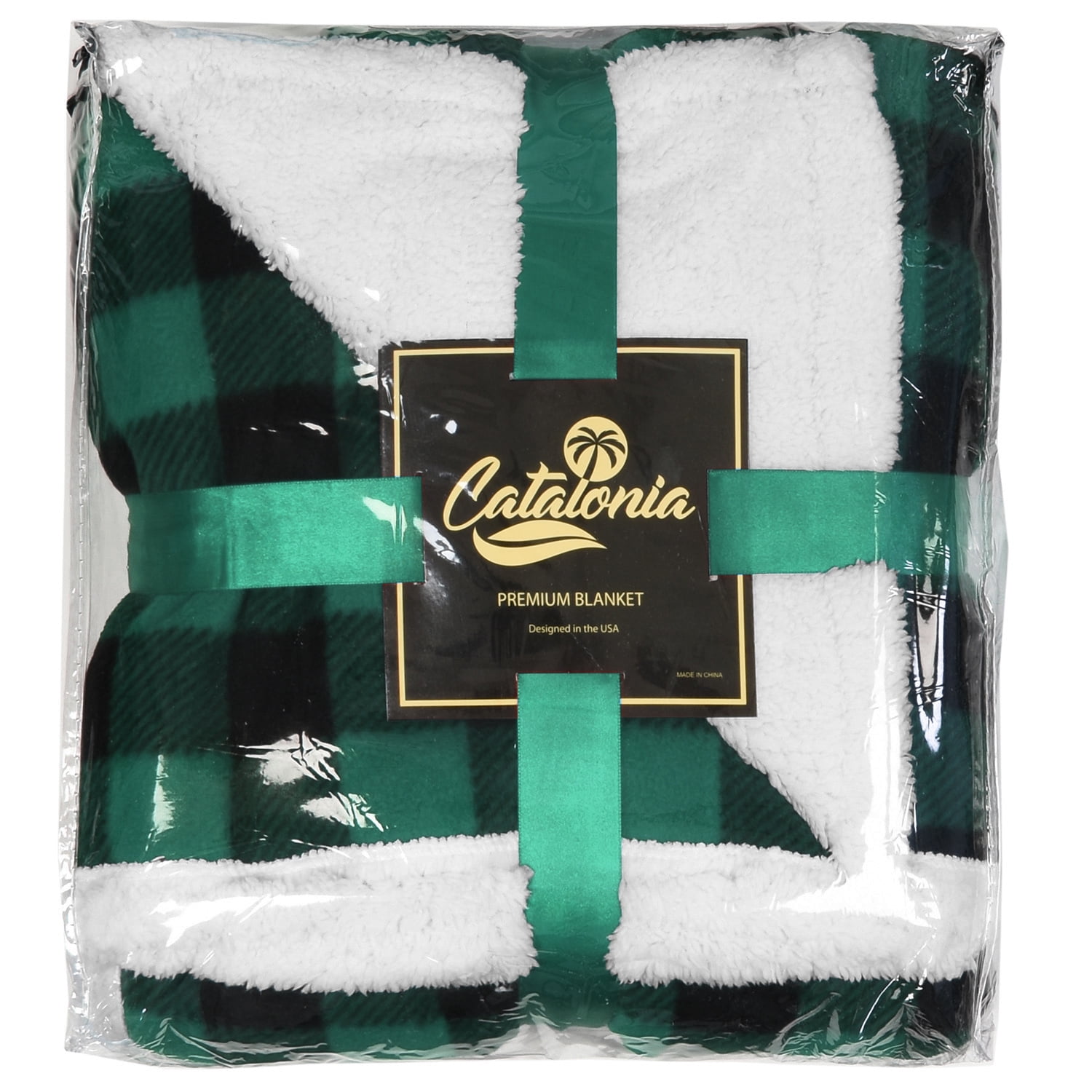 Catalonia Buffalo Plaid Sherpa Throw Blanket, Super Soft Reversible Fleece Blanket for Cabin Bed or Couch, Green Plaid, 50"" x 60"".