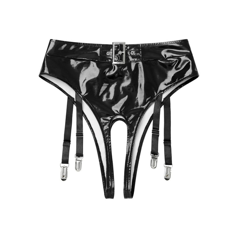 iEFiEL Womens Latex Underwear with Garter Clips Exotic Lingerie High Waist  Open Crotch Thong Panties Rave Dance Clubwear Black 4XL