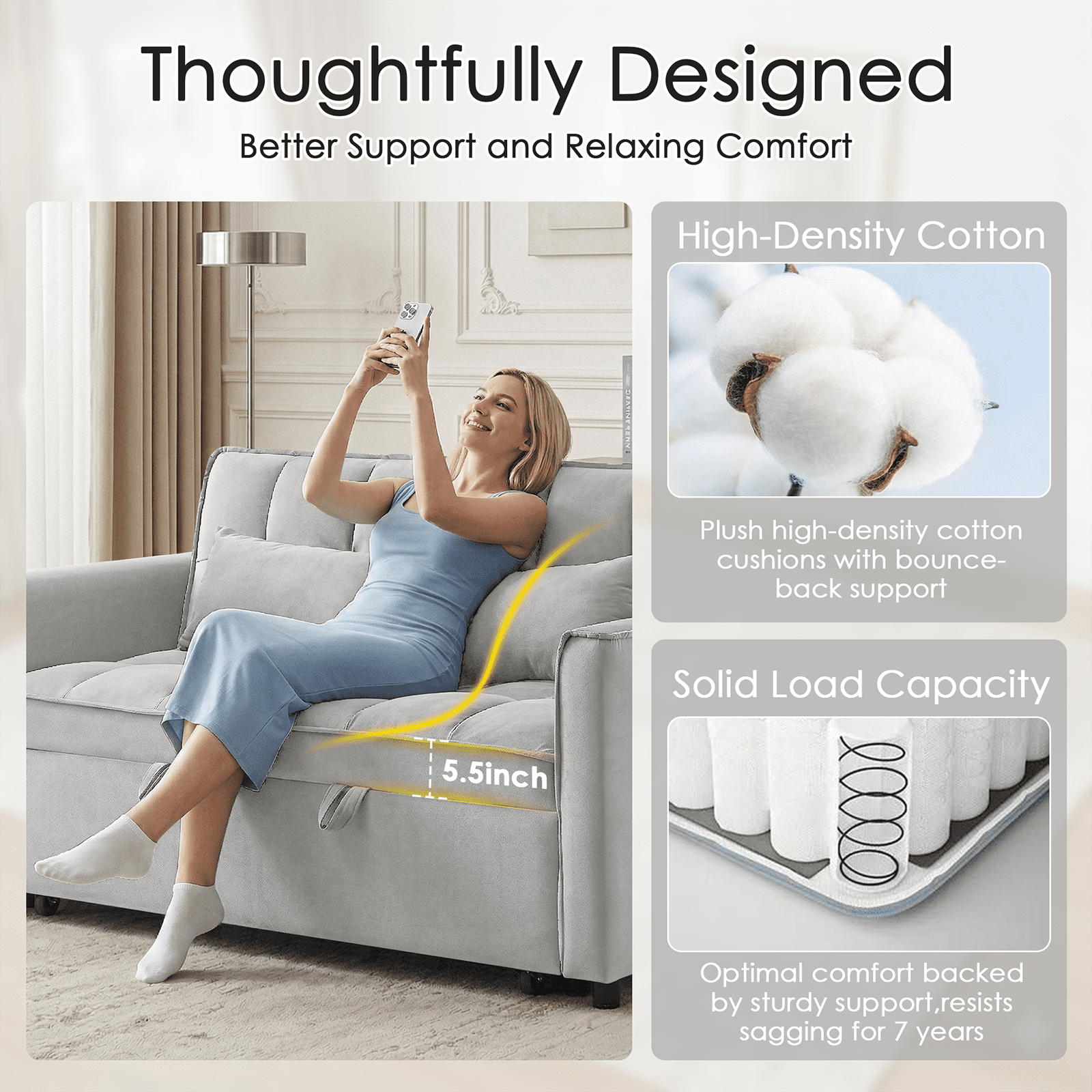 Amuille 3 in 1 Convertible Sleeper Sofa Bed, 54" Velvet Fabric Loveseat, Pull Out Couch for Living Room and Apartment (Light Gray)