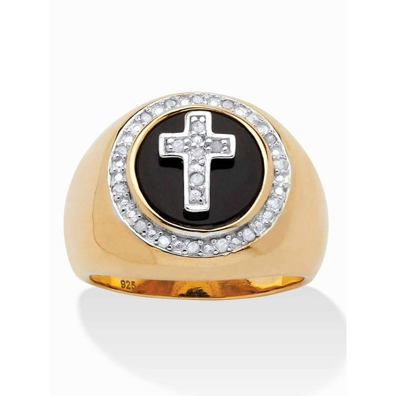 PalmBeach Jewelry Men's 1/10 TCW Diamond and Bezel-Set Onyx Halo Cross Ring in 14 Gold-plated Sterling Silver