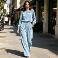 thumbnail image 5 of Szluipve 2 Piece Sets for Women Velvet 2 Piece Matching Outfit High Neck Pleated Long Sleeve Blouse Top & High Waist Wide Leg Palazzo Pants Elegant Party Set with Pockets Sky Blue XL, 5 of 9