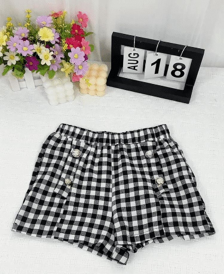 Big Girls Clothes Cute Cat Print 9 Years Kid Girls Casual Summer T-shirt Elastic Plaid Print Shorts 2Pcs Leisure Outfit Black