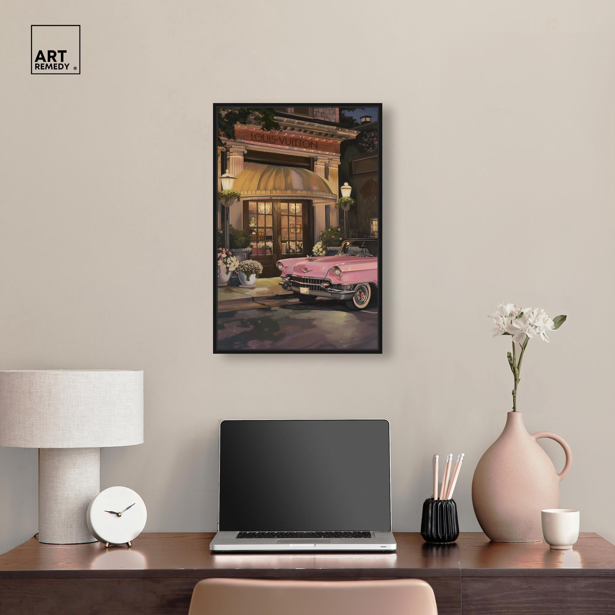 Classic Car Store Visit Canvas Fashion Art Prints by Art Remedy, Black Frame, 16 x 24