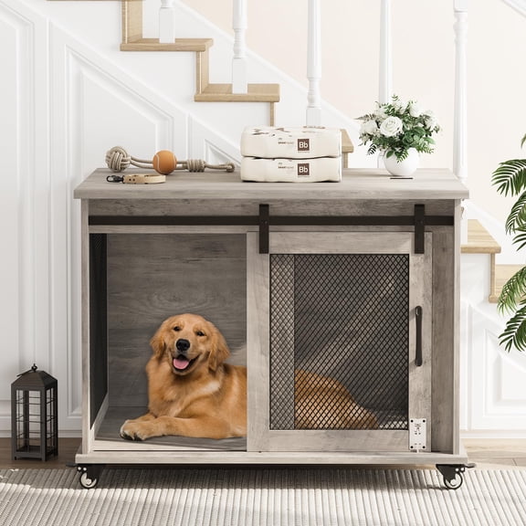 37" Dog Crate Furniture,Indoor Dog Cage with Flip Top & Sliding Barn Door, Dog Kennel End Table with Wheels and Removable Divider for Small to Middle Dogs, Farmhouse Wooden Pet House for Living Room