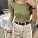 thumbnail image 3 of Camiseta de punto de mujer de manga corta con cuello cuadrado y top de color sólido delgado, verde Inevent AP001600-03B, 3 of 7
