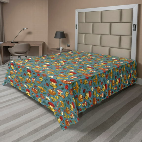 Ambesonne Mushroom Flat Sheet, Picnic in Forest Pattern, Full Size, Multicolor