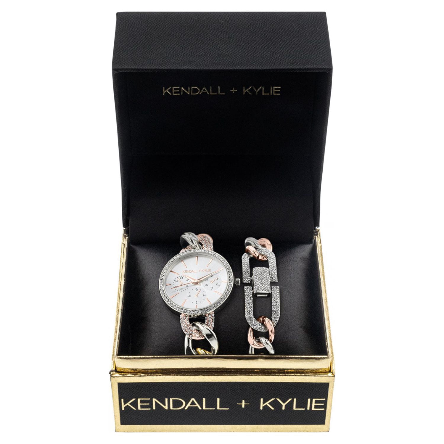 Kendall + Kylie Large Open-Link Tri-Toned Metal Chronograph Analog Watch and Bracelet Set