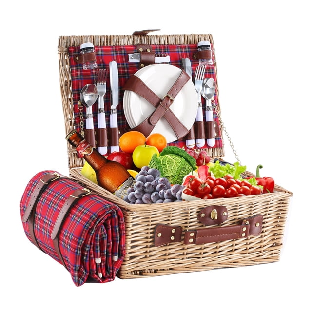 Cesta de picnic HYBDAMAI de mimbre para 4 personas con manta y enfriador