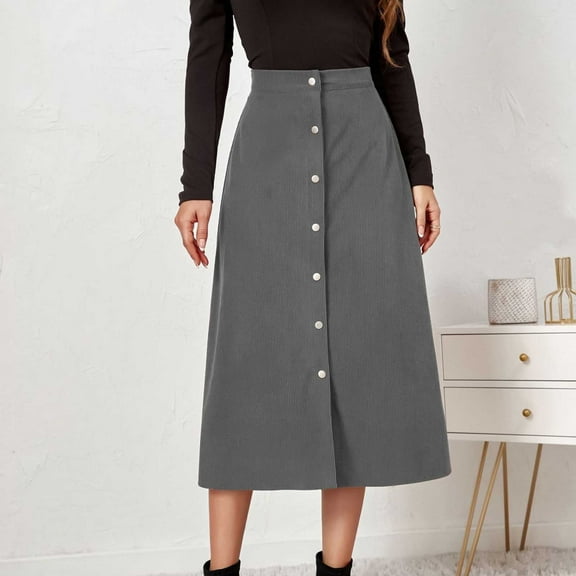 KIHOUT Skirt For Women Plus Size Fall Fashion Women Casual Comfortable Solid Color High Waisted Button Mid-Calf Skirt