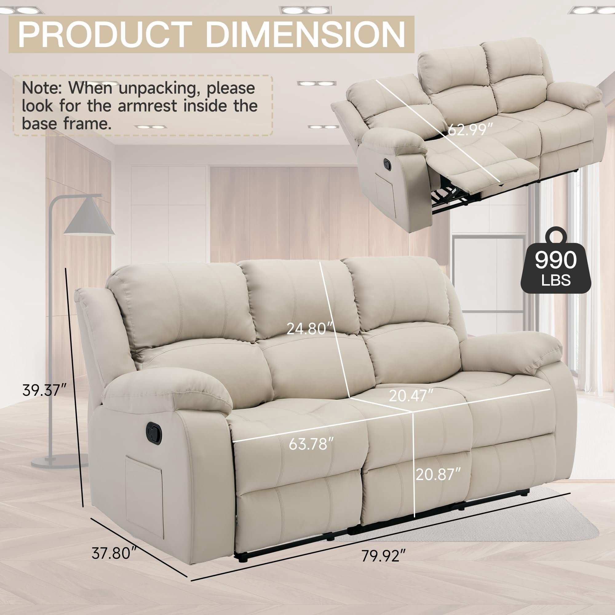 Comfortable Reclining Loveseat Sofa – Leather 3-Seater Recliner Couch for Living Room & Home Theater Seating (Beige)