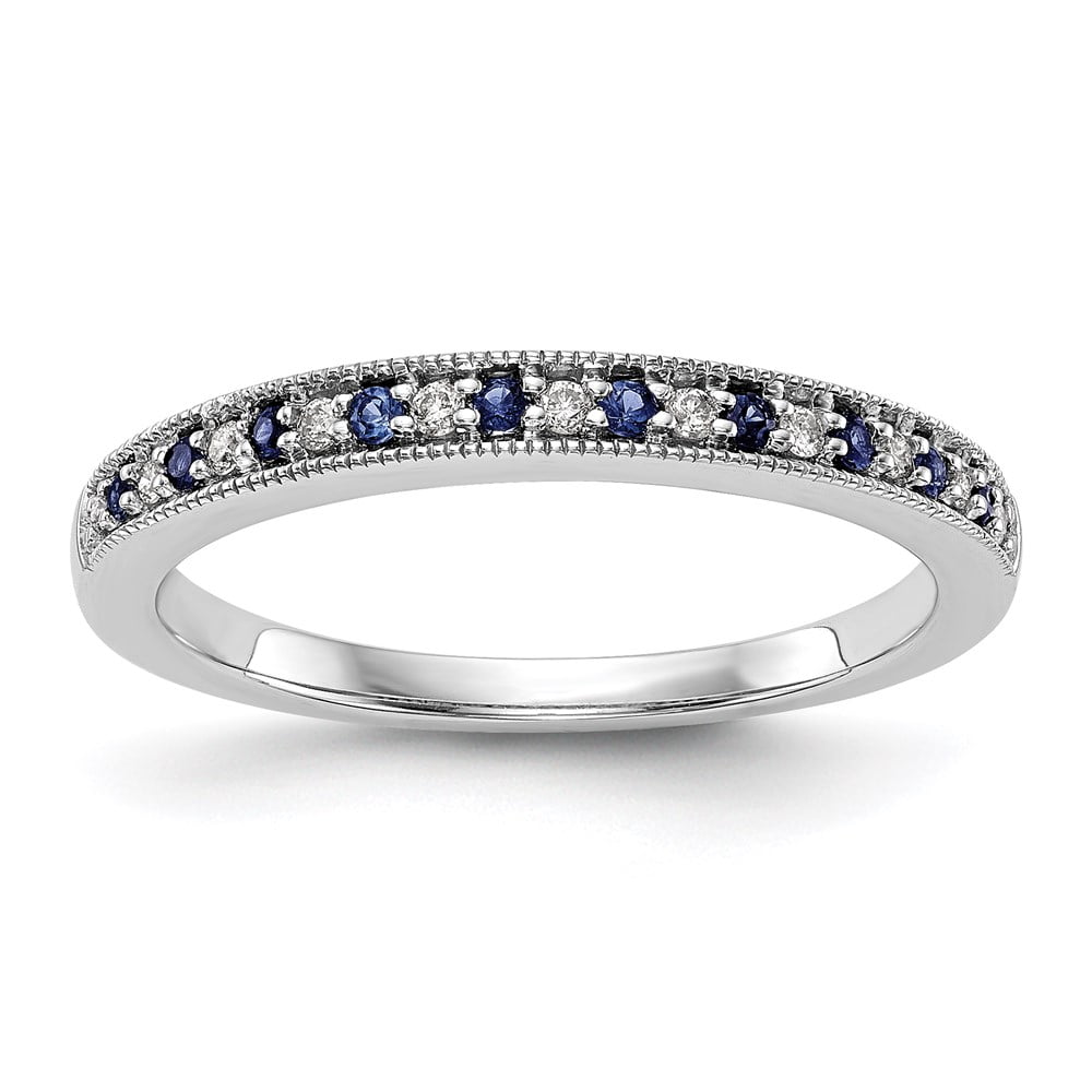 14K White Gold Ring Band Wedding Sapphire Round Blue Diamond, Size 5 ...