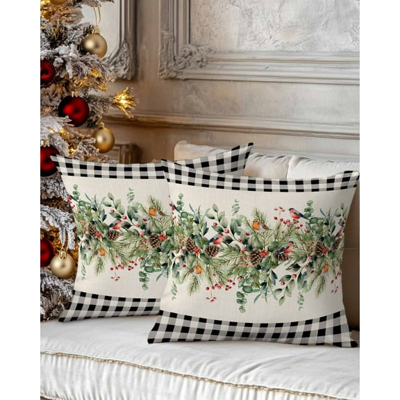 Christmas Decorative Throw Pillow Covers 20x20 Inch Set of 2 Eucalyptus Leaves Pillow Cases for Couch, Christmas Birds Linen Black Plaid Cushion Case for Living Room Bedroom Bed Car Chair