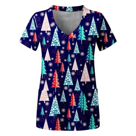 

Womens Christmas Scrubs Plus Size Top V Neck Short Sleeved Pockets Printed T Shirt