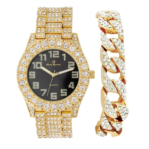 Charles Raymond Mens Big Rocks with Numerals Fully Iced Out Colorful Dial Blinged Out Hip Hop Watch - ST10327AC Cuban Gold Black