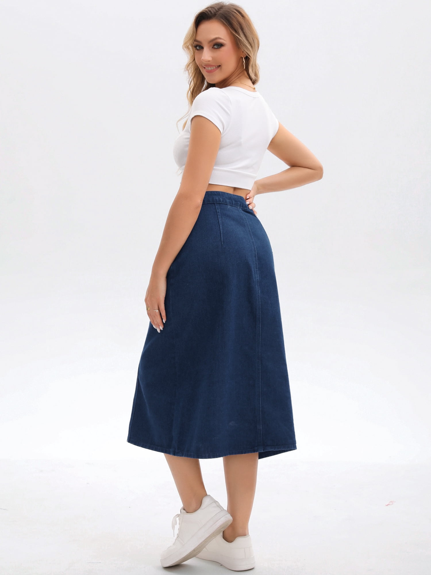 DARING DIVA Women's Button Down Front Slit A Line Midi Jean Skirts L Dark Blue