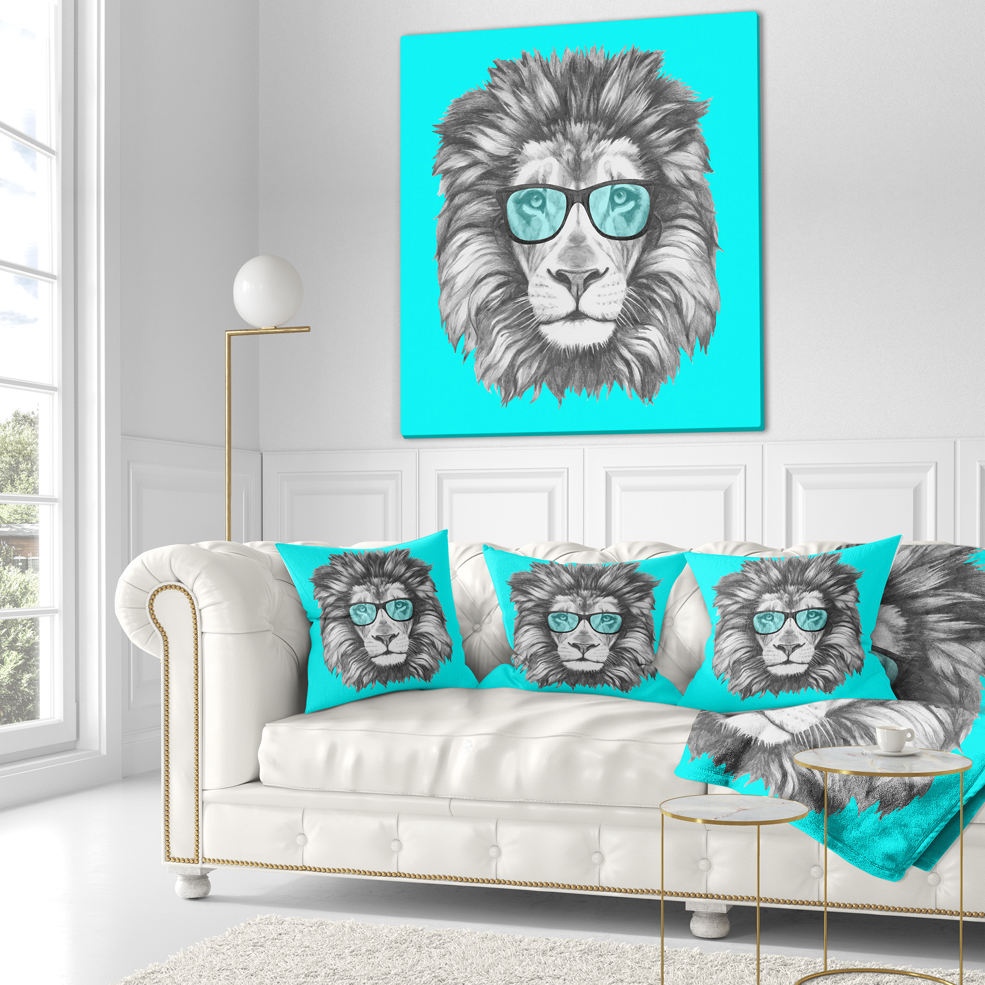 Designart Funny Lion with Blue Glasses - Animal Throw Pillow - 16x16