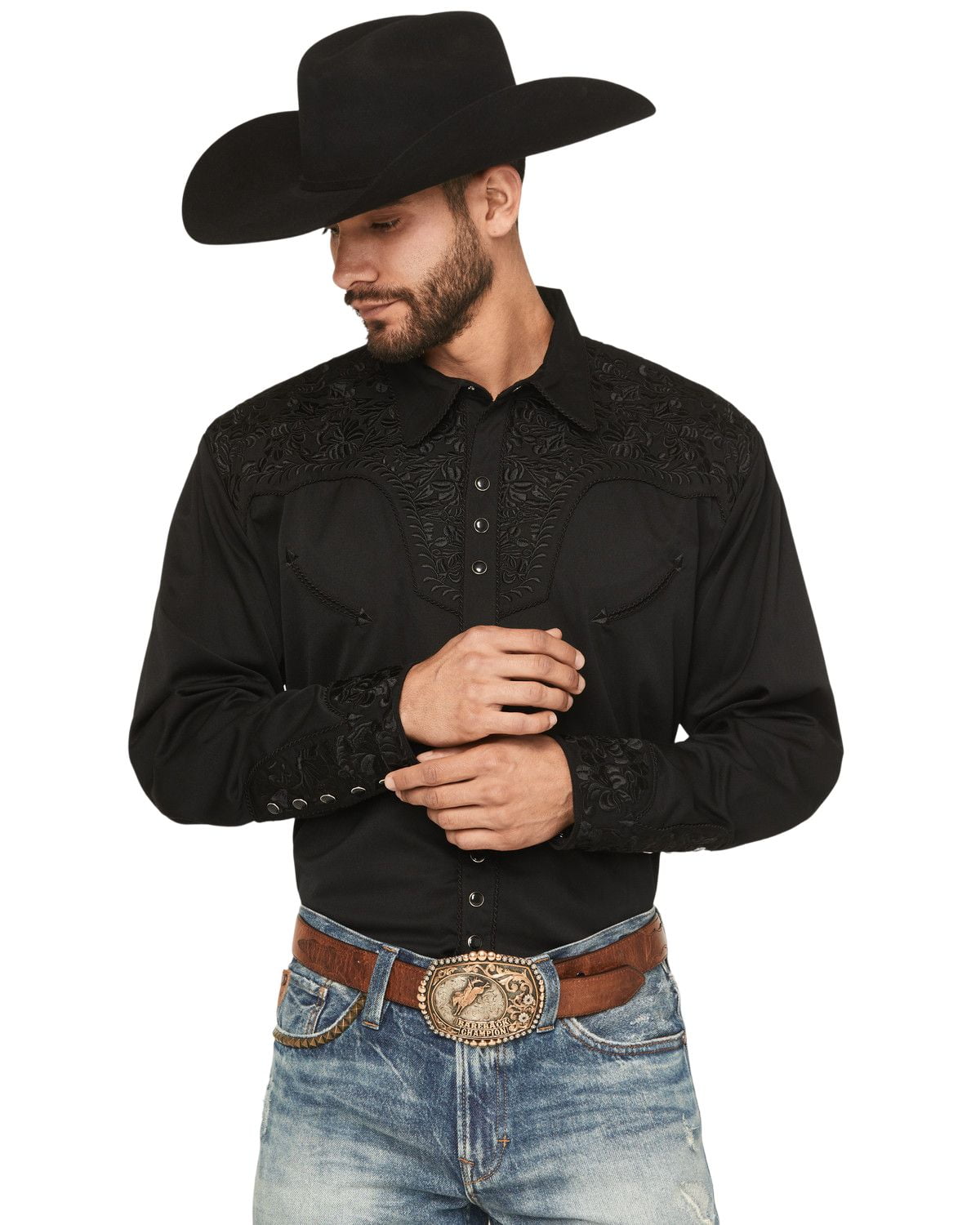 Scully Men's Floral Embroidered Retro Long Sleeve Snap Western