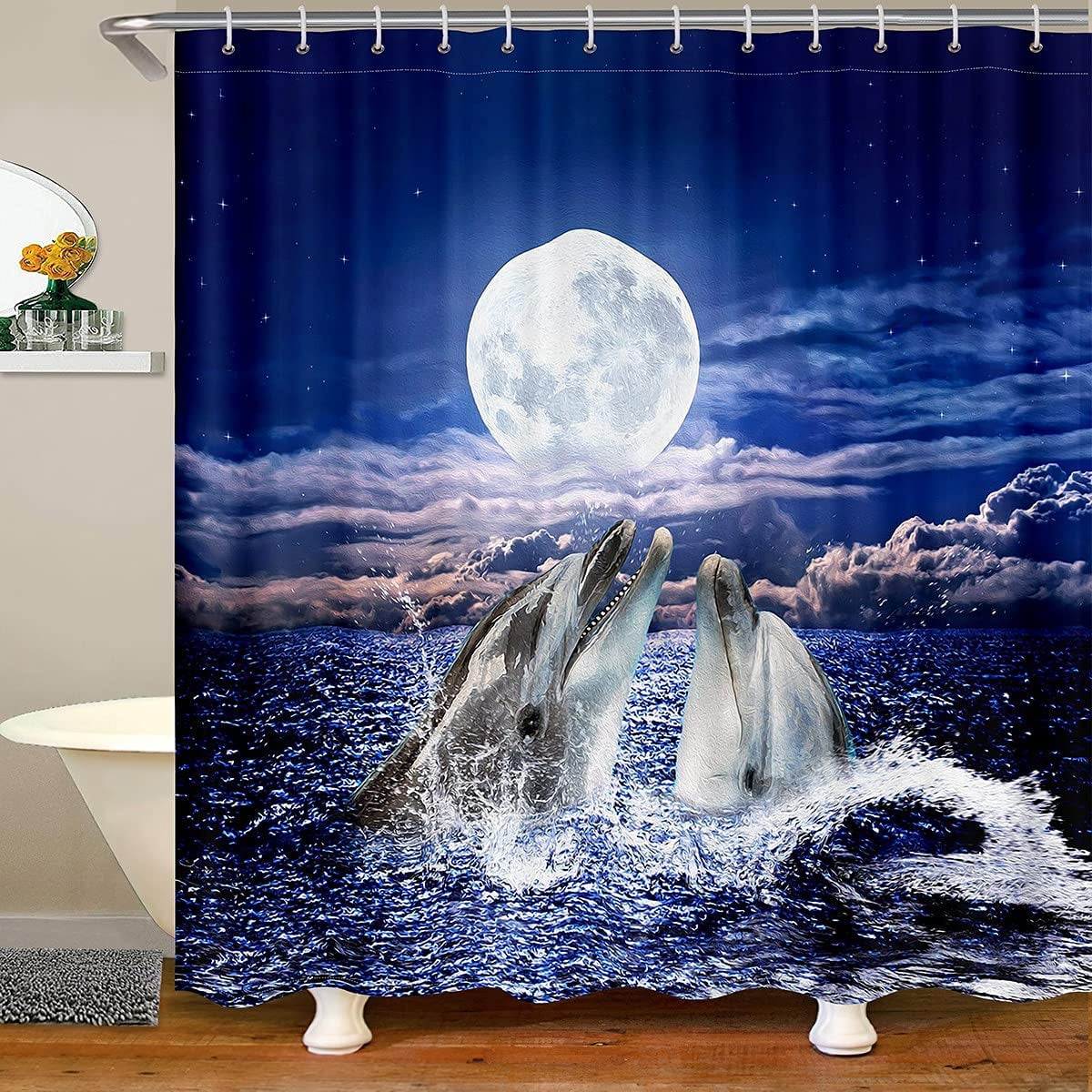 Dolphin Fabric Bathroom Shower Curtain Ocean Marine Life Curtain Sea