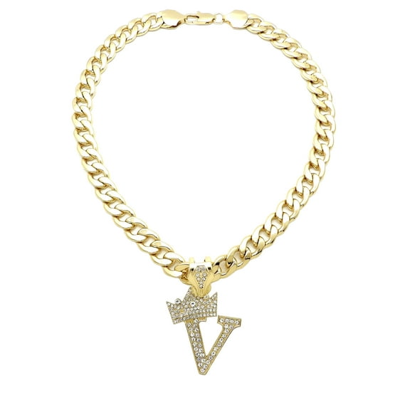 iJewelry2 Kings and Queens Crowned Initial Letter V Crystals Pendant Gold-tone Cuban Linked Chain Necklace