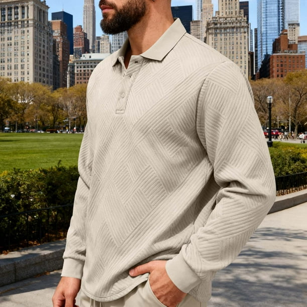 Blusa y camisa de manga larga con cuello vuelto para hombre, color liso, informal, con botones, cárdigan de media manga, top de solapa de manga larga, blusas de poliéster para hombre