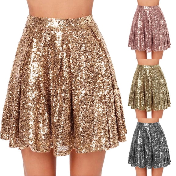 Women's Fashion High Waist Pleated Solid Color Short Skirt Loose Sequin Skirt