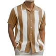 thumbnail image 6 of WREESH Men's Retro Striped Stitching Short Sleeve Turndown Collar Contrasting Patchwork Shirt Khaki, 6 of 6