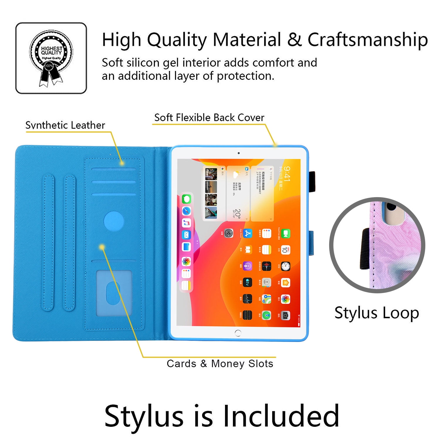 Allytech iPad 10.2 7th Generation Cases Covers, PU Leather Folio Flip Kickstand Auto Sleep Wake Protection Scratch Resistant Cards Slots Pencil Holder Case Cover for Apple iPad 10.2", White Cat
