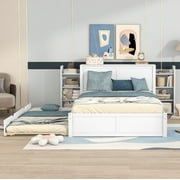 Euroco Full Size Wood Platform Bed with Trundle, Flexible 4-Tier Shelf in Headboard for Kids, White