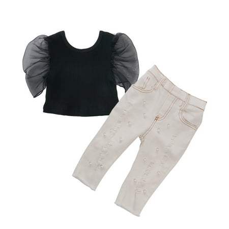 

Binpure Baby Girls Clothes Puff Sleeve Solid Color Pearl Ripped Jeans Set Kids Outfits