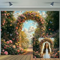 Spring Garden Flower Backdrop Floral Butterfly Wonderland Garden Arch Door Photography Backdrops Romantic Wedding Bridal Shower Birthday Party Decoration Background Banner Photo Props,8X6ft