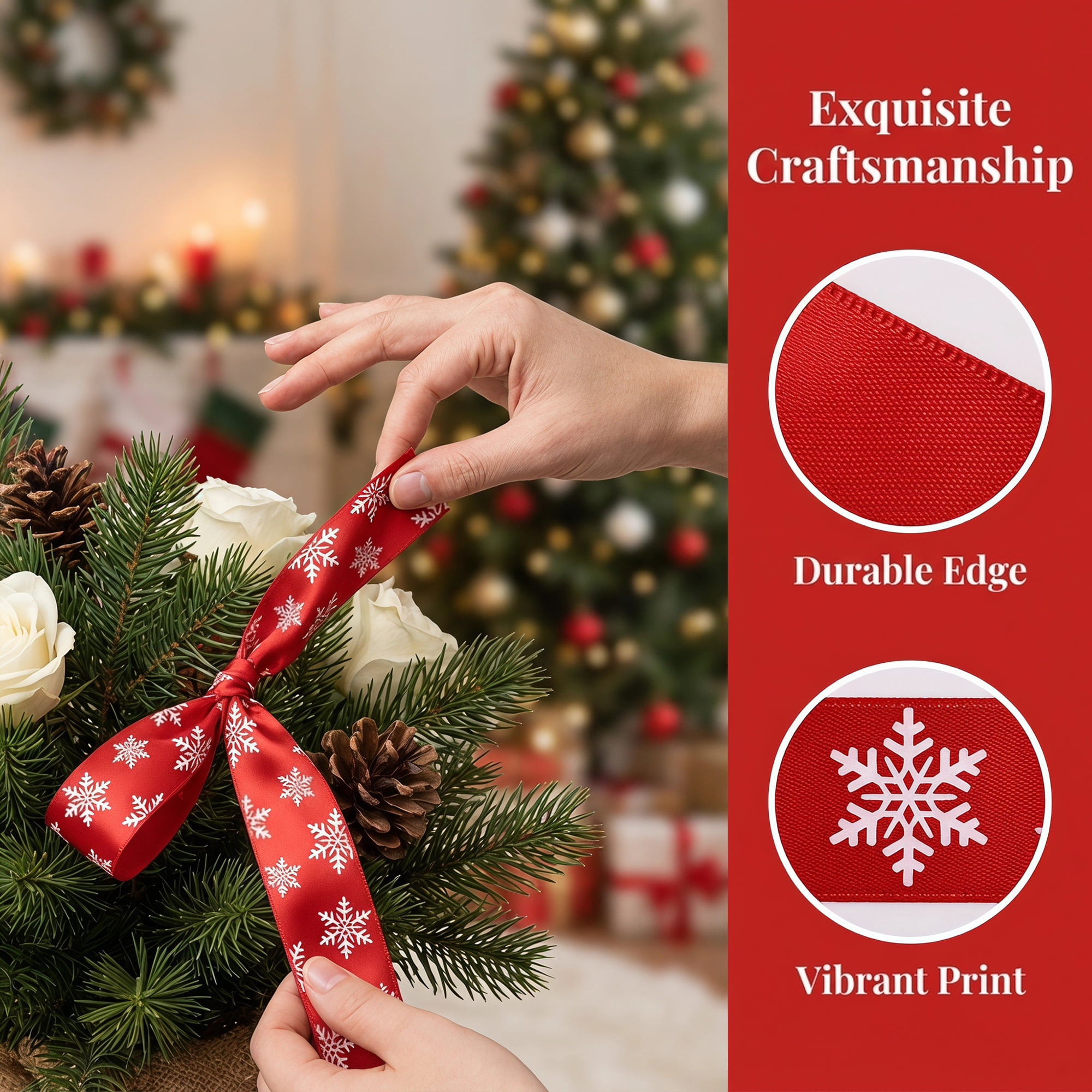 Unique Bargains Premium Fabric Ribbon for Gift Wrapping Red Snowflake Pattern 5.5 Yard