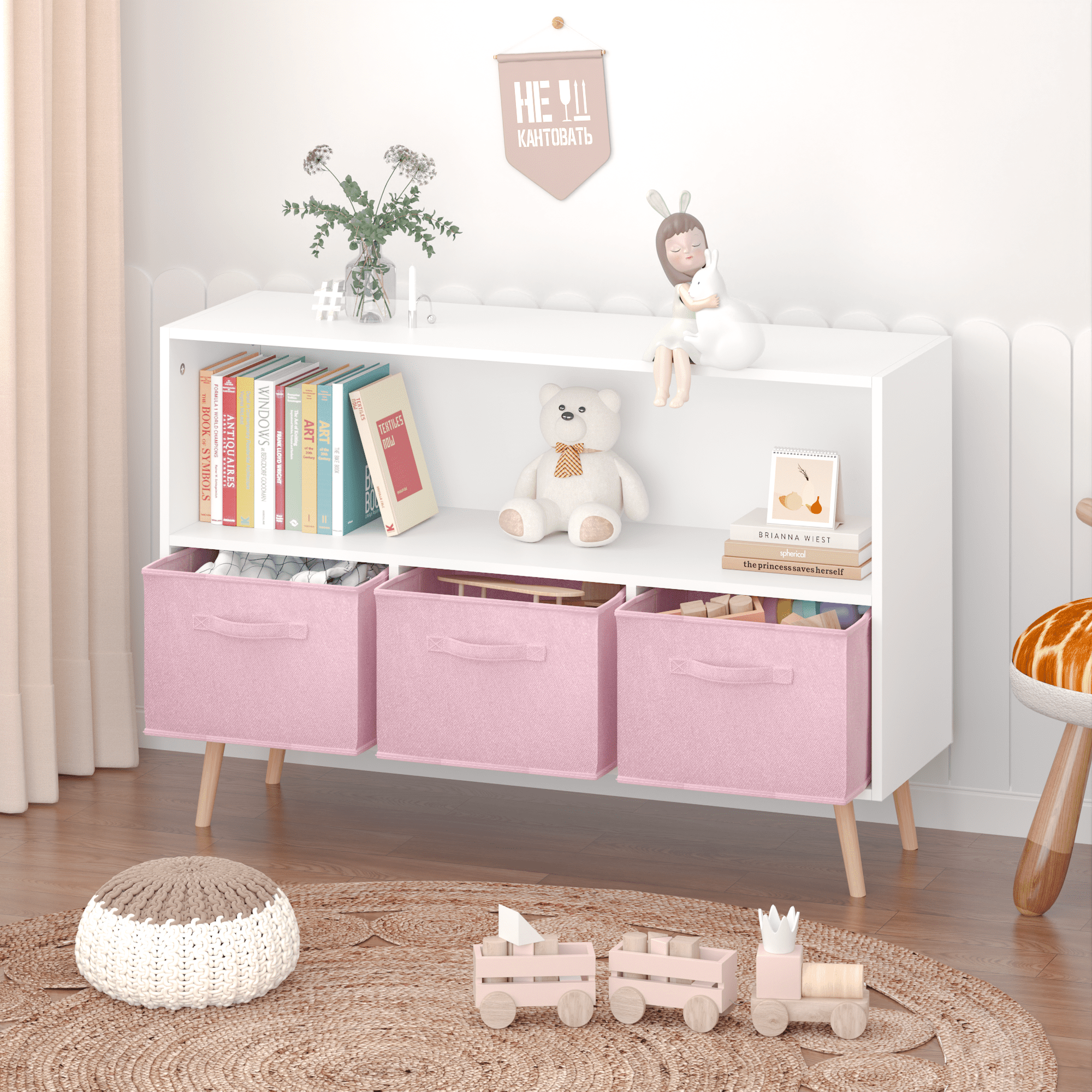 Gewnee Kids Bookcase with Drawers , Wood Bookshelf with Toy Chest Large Storage for Play Room,Pink
