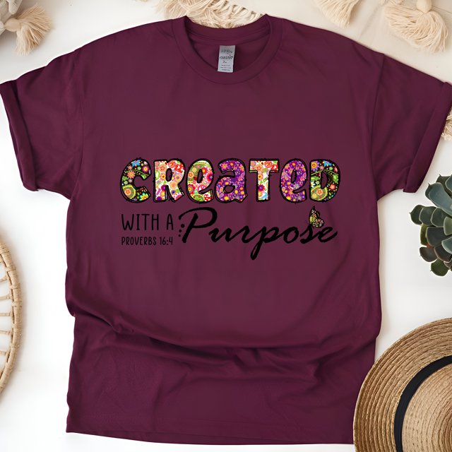 Created With A Purpose Christian T-Shirt | Proverbs 16:4 Scripture Tee, Maroon, Size L