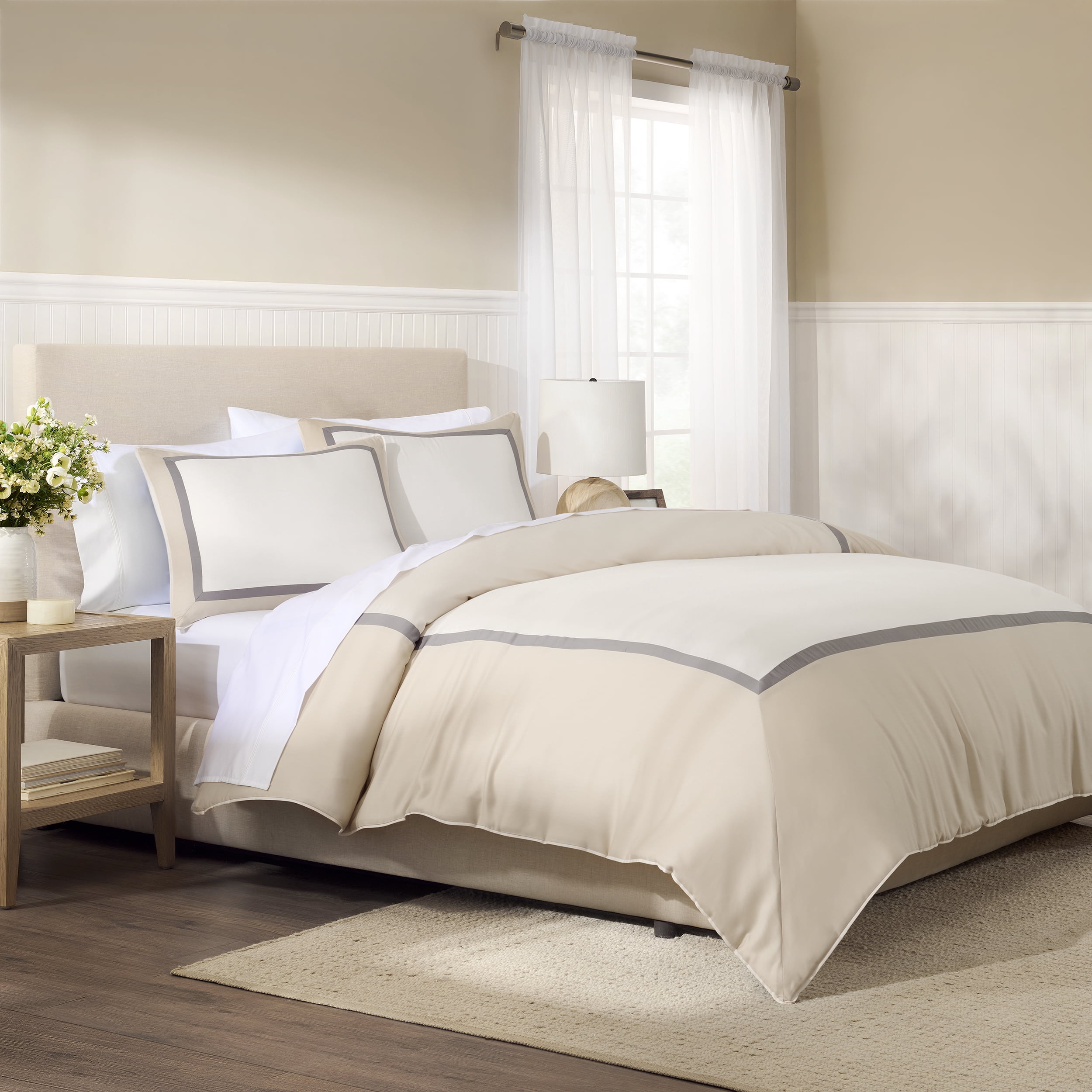 Wamsutta 1846 Cotton Tencel 3-Piece Oatmeal Henley Border Comforter Set, Full/Queen