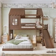 thumbnail image 2 of Bellemave Twin Over Full Bunk Bed with Slide and Storage Shelves, Wooden House-Shaped Bunk Beds with Wardrobe, L-Shape Floor Bunk Bed Frame with Inclined Ladder for Kids（Deep Natural), 2 of 9