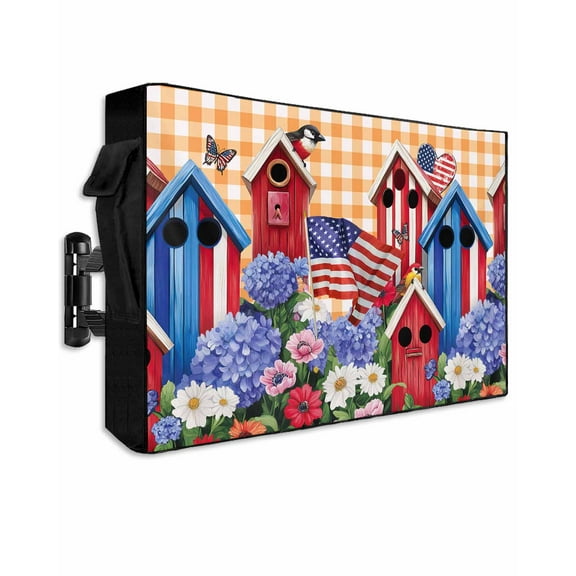 American Flag Outdoor TV Cover 40 to 43 Inch Weatherproof, Floral Birds House Orange Plaid 600D Oxford TV Covers with Waterproof Zipper, Outside Flat TV Screen Protector Size 40"W x 25"H x 4.5"D
