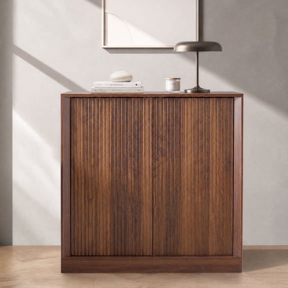 Mid-Century Sideboard Buffet Cabinet, 31.5" Black Walnut Wood Credenza with Wave Pattern Doors, Modern Storage Cabinet for Living Room, Dining Room & Kitchen