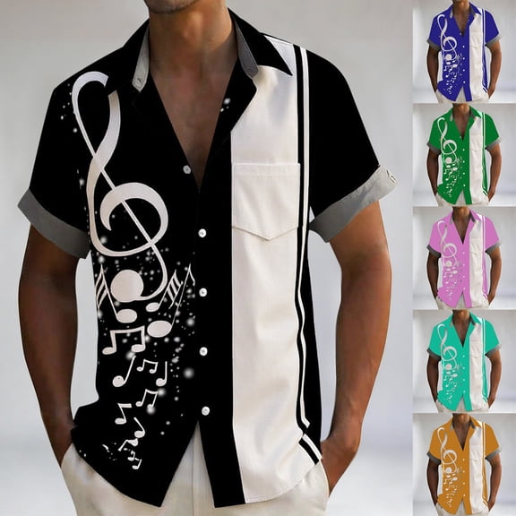 BUWTTED Men's Shirts Note Stripe Print Summer Short Sleeve Casual Button Down Hawaiian Beach Relaxed Loose Fit Black Shirt L