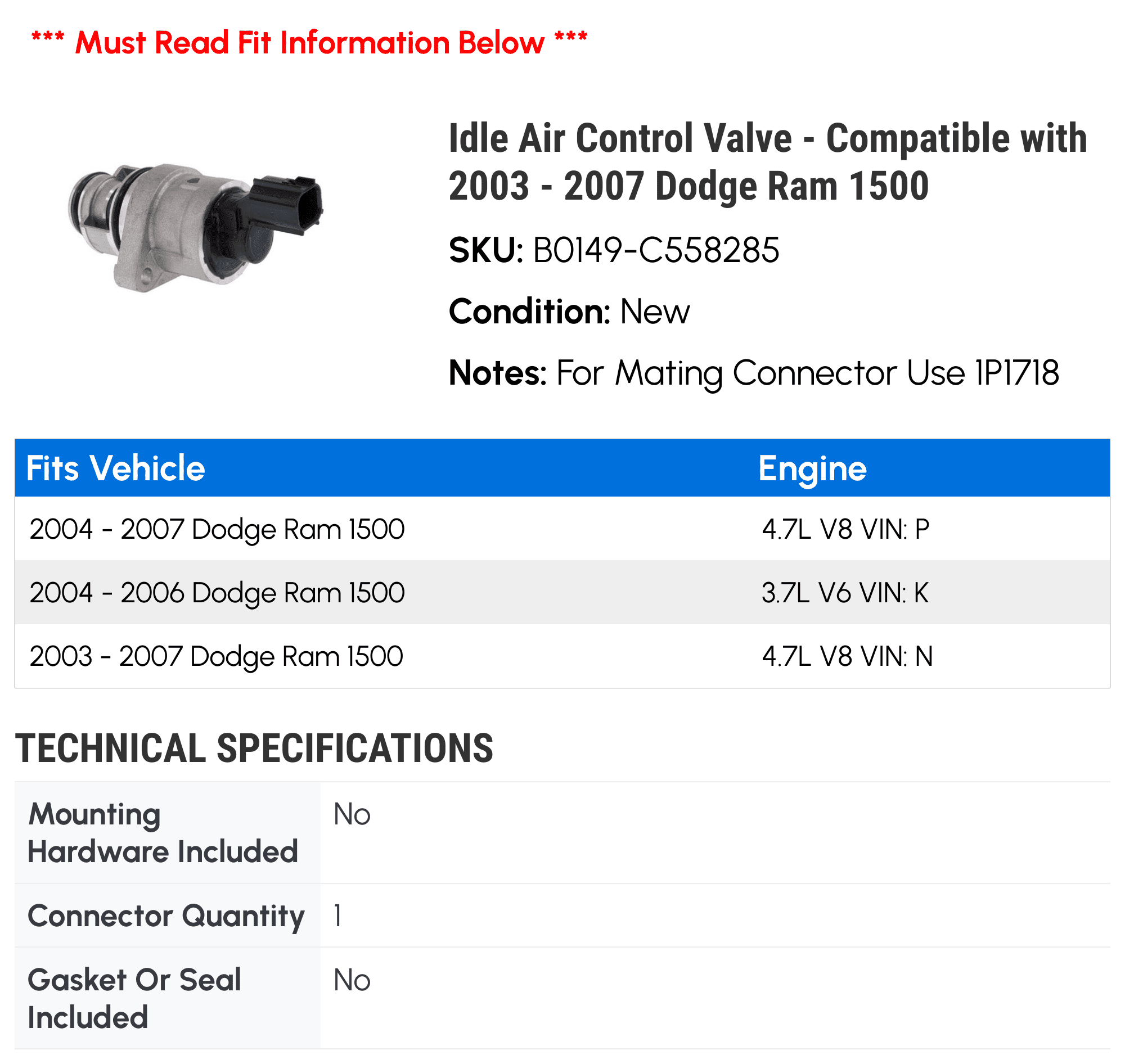 Idle Air Control Valve - Compatible with 2003 - 2007 Dodge Ram 1500 2004 2005 2006