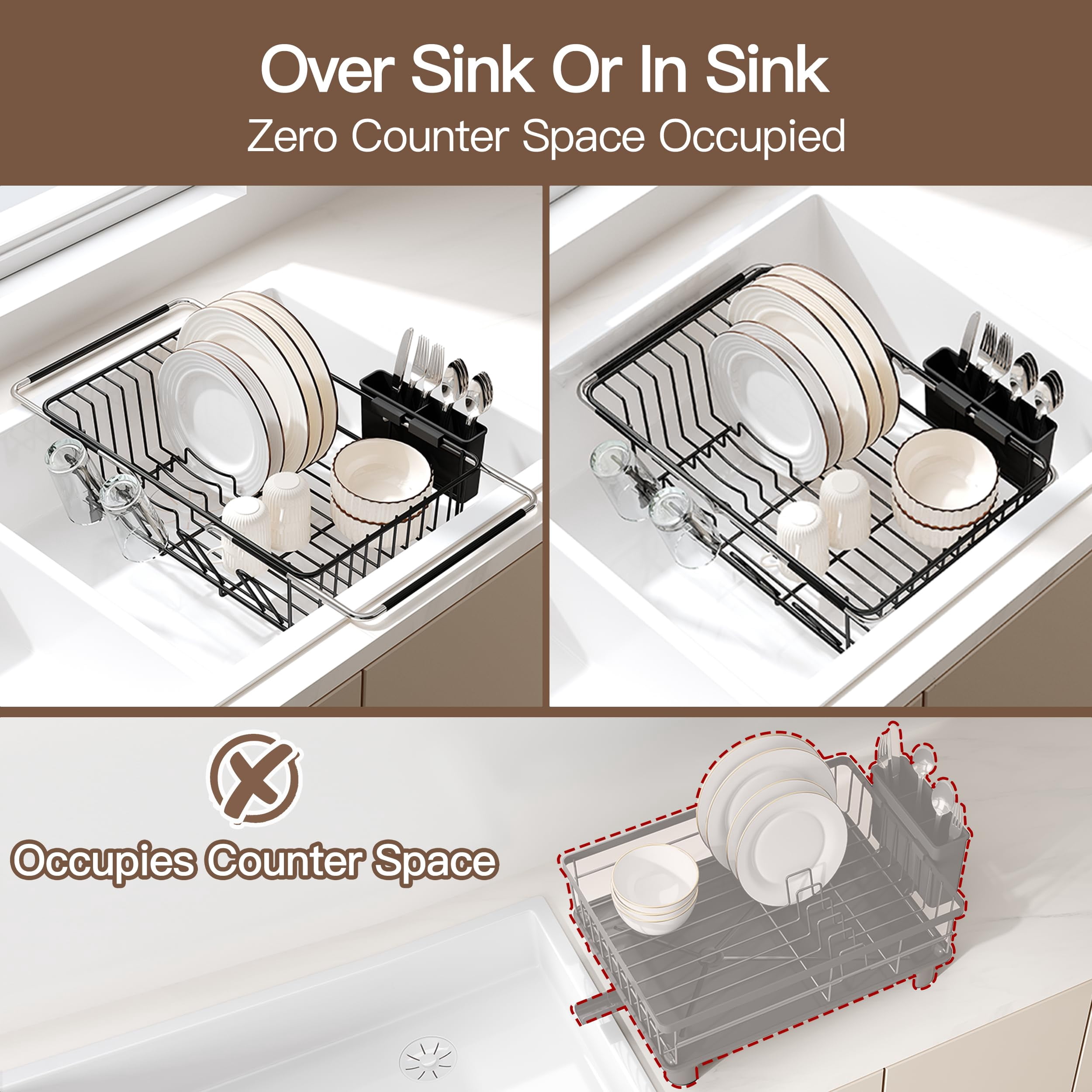 Expandable Dish Drying Rack, Black, Stainless Steel, Over/In Sink, For Small Kitchens