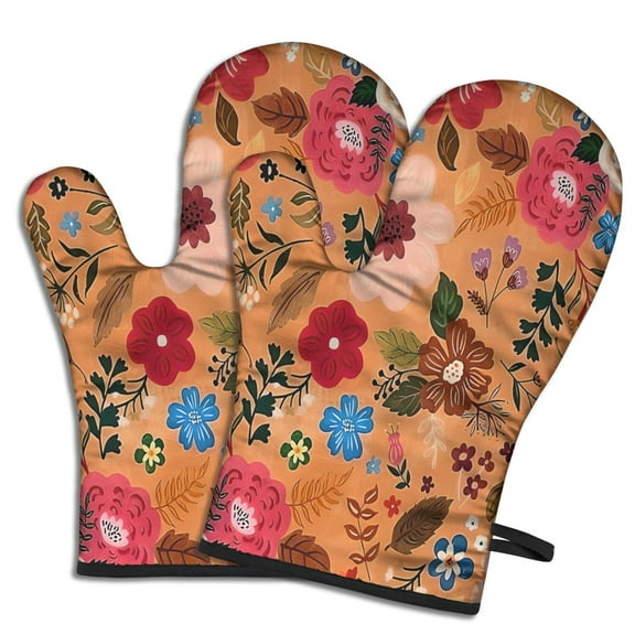 Cute Oven Mitts,Pioneer Flower Floral Print Pattern Oven Mitt 2-Pack Set,Kitchen Gloves for Oven,Heat Resistant Oven Mitts 7.7"x12"