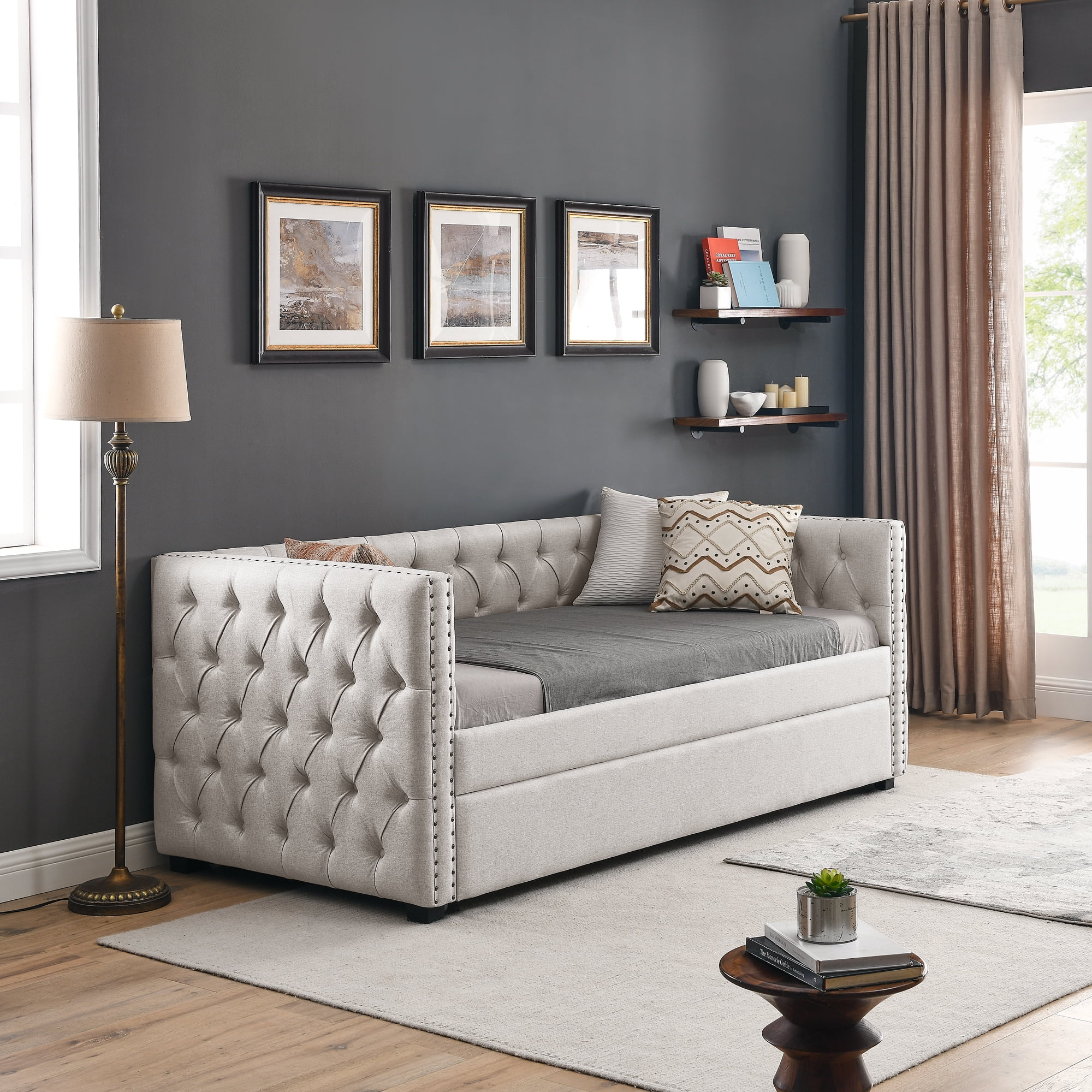 DEALTOPS Upholstered Twin Daybed with Trundle, Modern Wood Day Bed with Button Tufted Pull Out Sofa Bed Daybed with Copper Nail for Living Room - Beige
