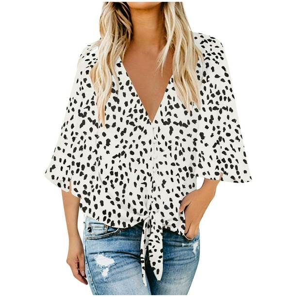 Moda mujer cuello en V estampado Tops 3/4 manga corbata nudo blusas botón abajo camisas Fridja czfsfas4113