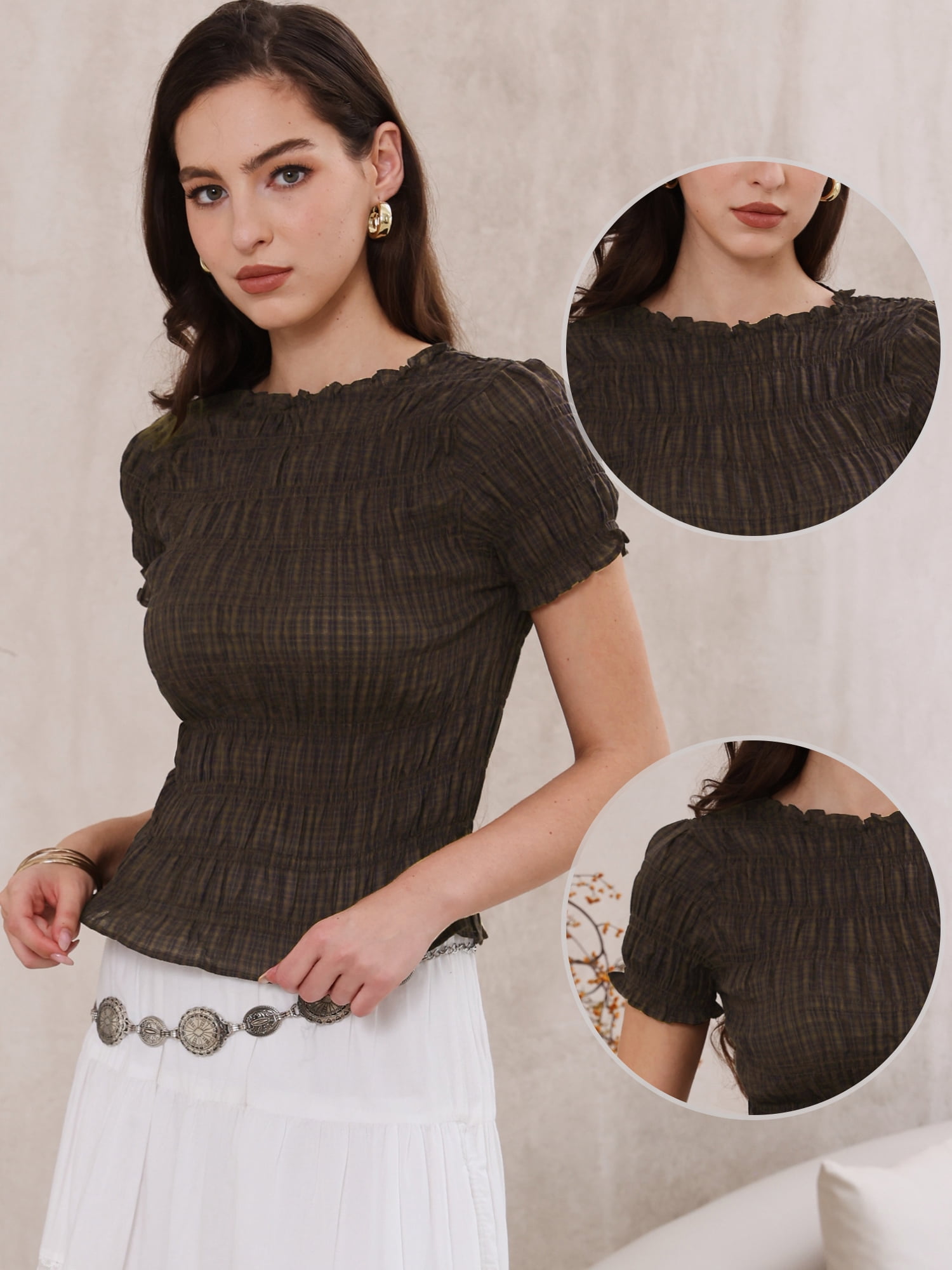 DARING DIVA Women's Smocked Plaid Short Sleeve Crew Neck Ruffle Tops Shirt M Deep Brown