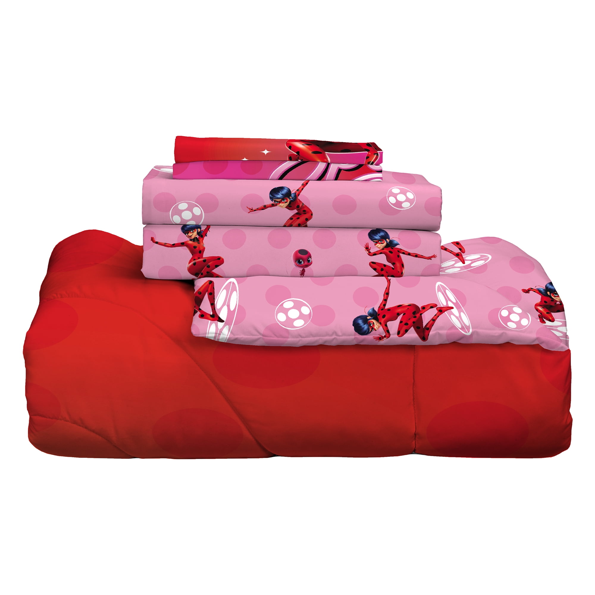 Miraculous Ladybug Kids 5 Piece Red Pink Reversible Comforter, Bed in a Bag, Full