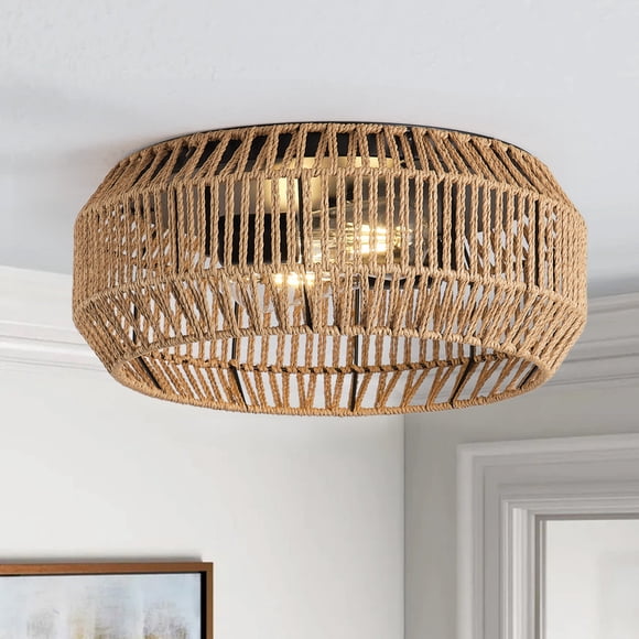2-Light Boho Flush Mount Ceiling Light, 15.55" Handcrafted Paper Rope Drum Ceiling Fixture, Farmhouse Close to Ceiling Light for Bedroom, Living Room, Hallway