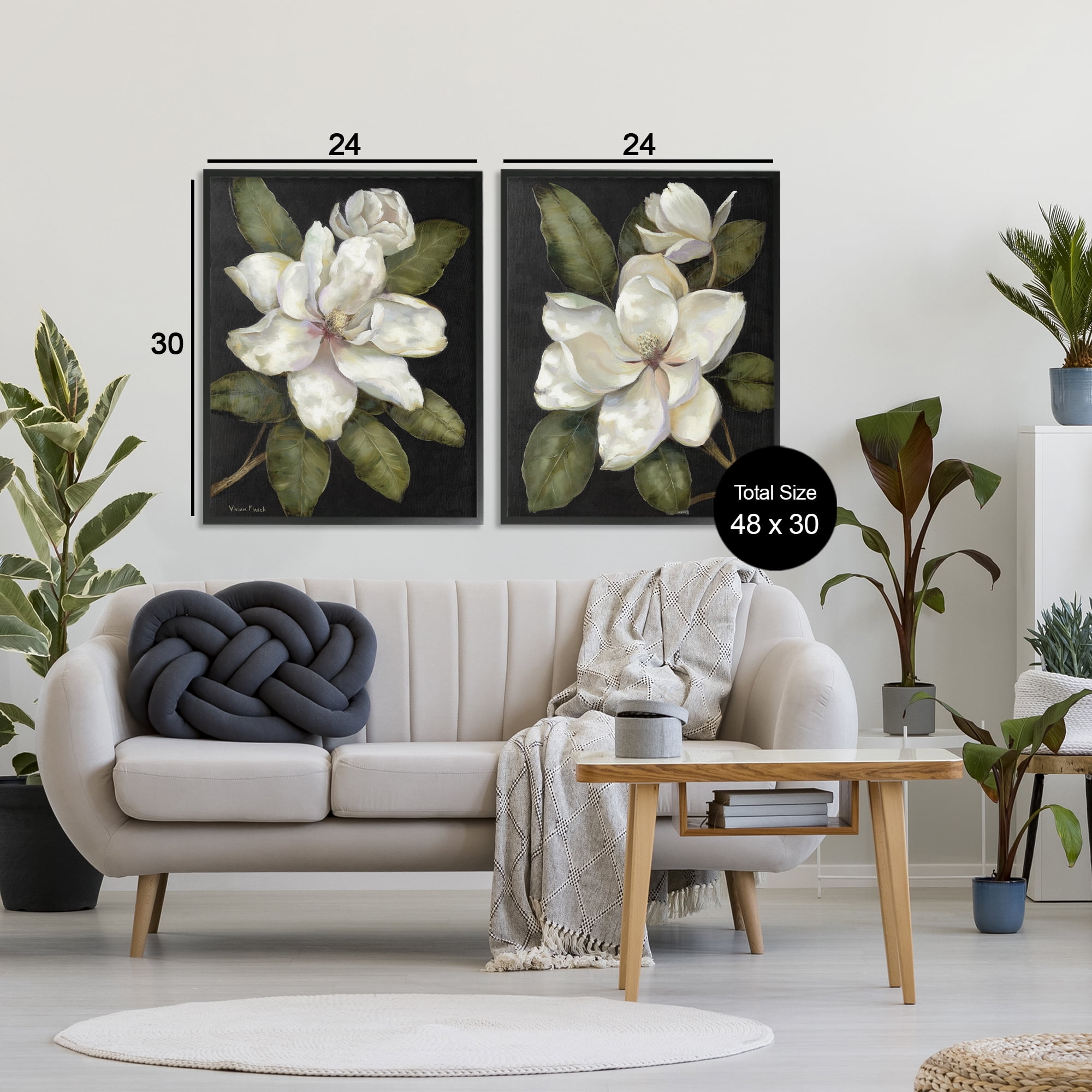 Stupell Industries Magnolia Buds & Blooms 2 Piece Black Framed Giclee Art Set, design by Nan