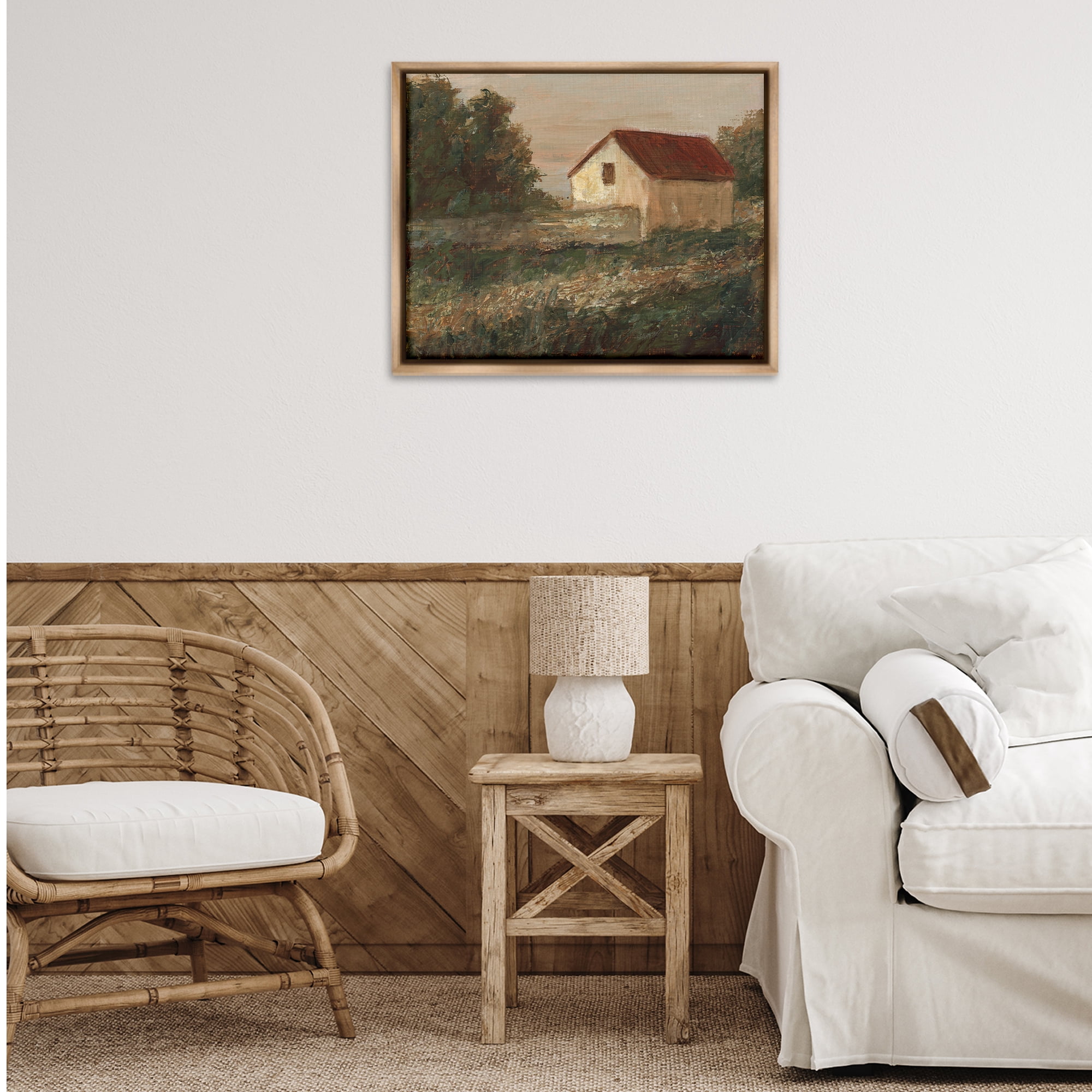 Stupell Industries Traditional Red Roof Cottage Landscape & Nature Painting Brown Floater Framed Canvas Art Print Wall Art, 31 x 25