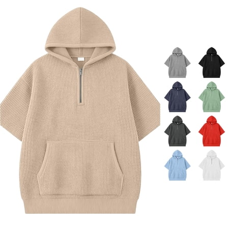 ZXLBBD Sweatshirts for Boys Knit Short Sleeve Hooded Sweatshirt Solid Color Pullover Top with Front Pocket for Kids Youth Child Casual Outdoor Khaki Size 9 Y-10 Y
